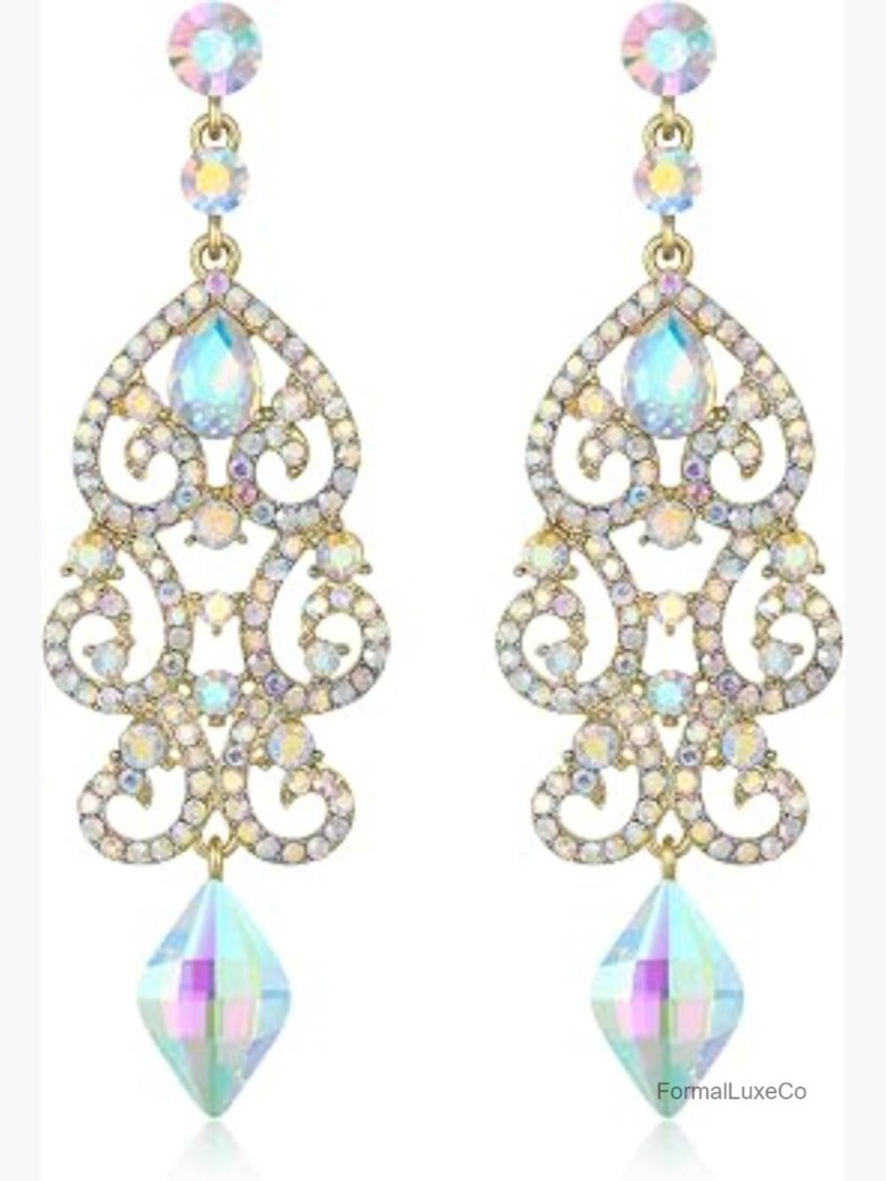 Sparkly Rhinestone Art Deco Floral Statement Long Drop Dangle Earrings